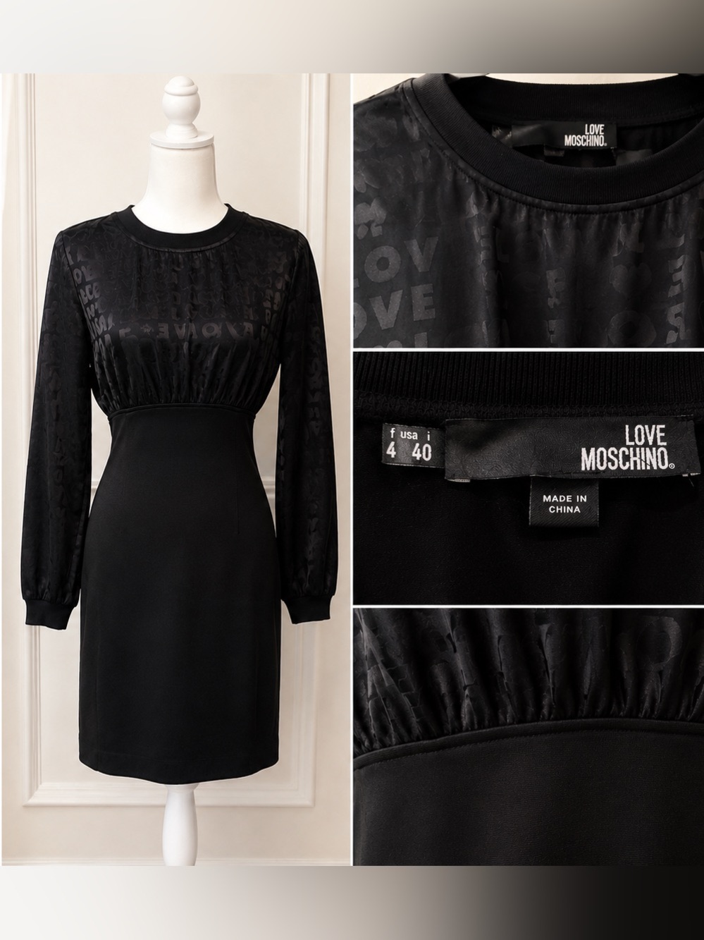 Love Moschino Black Long-Sleeve Logo-Texture Dress